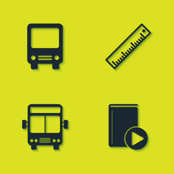 illustrazioni stock, clip art, cartoni animati e icone di tendenza di imposta l'icona bus, audiolibro e righello. vettore - road trip audio