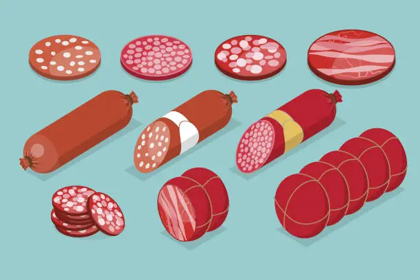 Vector illustration of 3D Isometric Flat Vector Set of Sausages and Meat Products