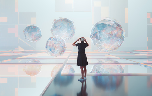 Woman standing in VR environment. 3D generated image.