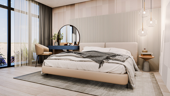 Modern bedroom overlooking sandy beach. 3D generated image.