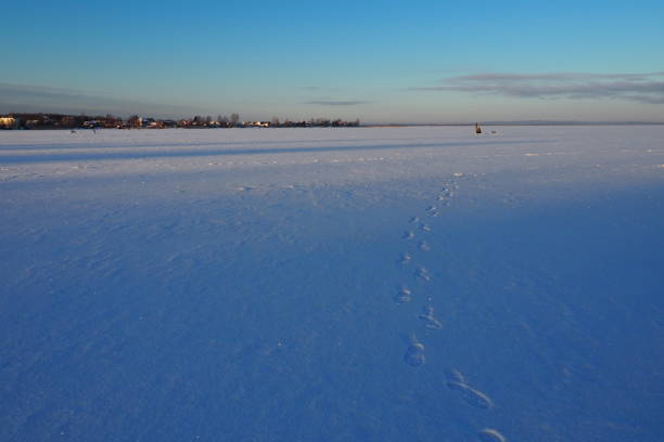 Frozen Lake Logmozero, Karelia, Russia. Winter January in nature. Smooth blue ice surface covered with snow. Evening winter sunset in sunny weather. Horizon with coast. Blue sky.