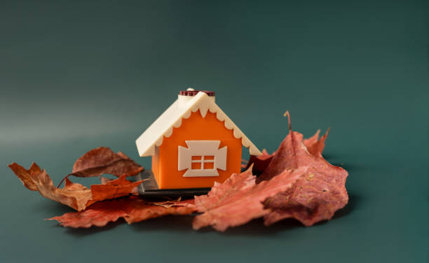 istock Dry maple leaves around a miniature orange house on a green background 2061772689