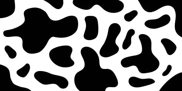 Vector illustration of Cow skin pattern. Abstract uneven shapes background. Dalmatian, leopard, giraffe fur. Black spots camouflage texture. Animal leather template. Milk chocolate package design. Vector flat illustration