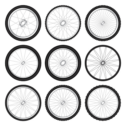 Realistic 3d bicycle wheels. Bike rubber tyres, shiny metal spokes and rims. Fitness cycle, touring, sport, road and mountain bike. Vector illustration.