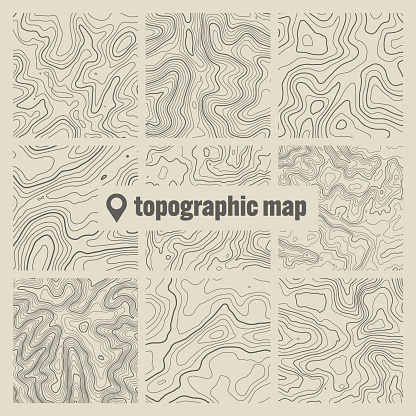 Topographic map with contour lines. Geographic terrain grid, relief height elevation. Ground path pattern. Travel and navigation, cartography design element. Vector illustration.