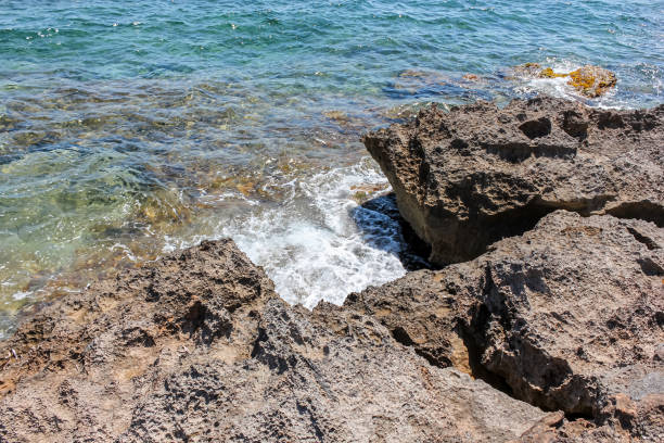 Close-up of the stone shore. Clean sea water on the island of Mallorca.