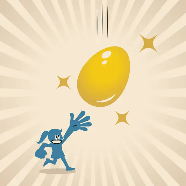 Vector illustration of A blue woman runs excitedly to catch the falling golden eggs, 