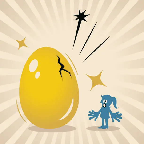 Vector illustration of A blue businesswoman found a big golden egg about to hatch, Discovery, Opportunity, Transformation, and Growth