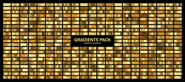 Golden glossy gradient, gold metal foil texture. Color swatch set. Collection of high quality gradients. Shiny metallic background. Design element. Vector illustration.