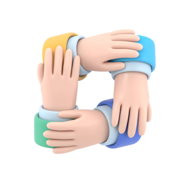 Cartoon Gesture Icon Mockup.Four diverse men holding each others wrists. Top view. 3D rendering on white background.