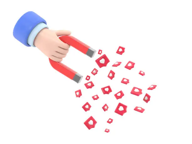 Photo of Human hand holding magnet with pin hearts. Concept of concept of attracting an audience. SMM metaphor, revealing the concept of followers.3D rendering on white background.