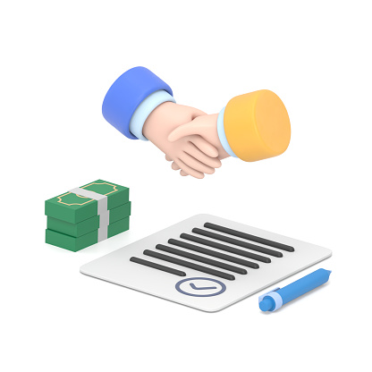 Cartoon Gesture Icon Mockup.isometric 3D illustration, handshake over paper contract and stack of dollar bills, financial contract.3D rendering on white background.