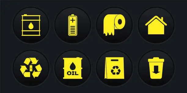 Vector illustration of Set Battery with recycle, House, Oil barrel, Shopping bag, Toilet paper roll, charge level indicator, Send the trash and icon. Vector