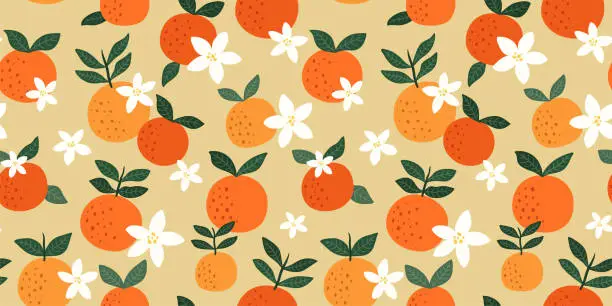 Vector illustration of Seamless orange citrus pattern with flowers