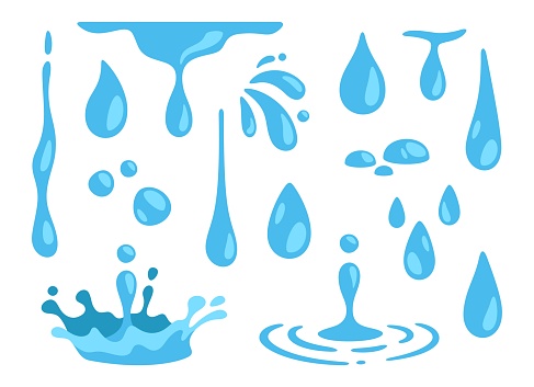 Water drops. Abstract nature blue falling pure drop. Raindrops. Watering motion shape water. Puddle, dropping splash, liquid flow. Juice and drinks. Vector collection. Cartoon clean isolated droplets