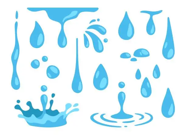Vector illustration of Water drops. Abstract nature blue falling pure drop. Raindrops. Watering motion shape water. Puddle, dropping splash, liquid flow. Juice and drinks. Vector collection