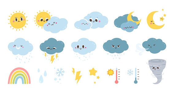 Weather forecast characters. Cute cartoon summer and winter signs, funny spring and fall icons. Night and day symbols, sun and moon. Vector collection. Tornado, snowflakes and wind