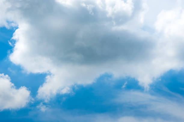 Blue sky fluffy white clouds on summer season bright clear skyline with beautiful cloudscape. Panorama blue sky clouds pattern on daylight with copy space. Cumulus cloudscape air climate sunny day
