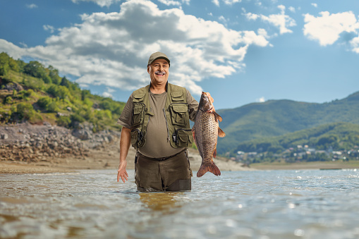 Fisherman holding a big carp fish inside a lake