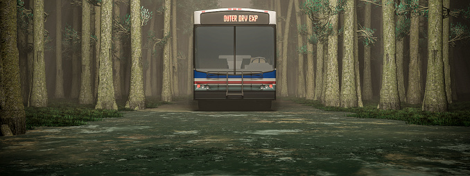 A solitary bus stands in a dense forest, evoking a sense of mystery and adventure on an untraveled path.