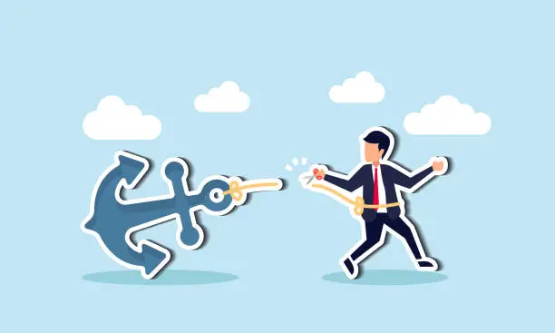 Vector illustration of Breaking free from bad habits brings relief, employing psychological anchoring to lighten burdens and foster growth concept, businessman using scissor to cut the rope tie himself with big heavy anchor