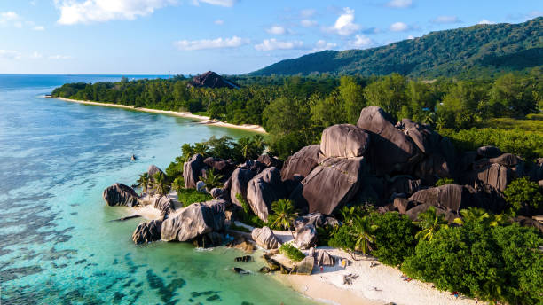 istock Top view drone Anse Source d'Argent beach, La Digue Seyshelles, tropical beach with granite stones 2061933324