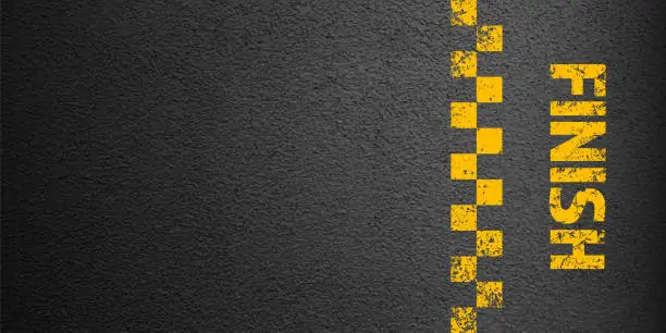 Vector illustration of Asphalt road with yellow finish line marking, concrete highway surface, texture. Street traffic lane, road dividing strip. Pattern with grainy structure, grunge stone background. Vector illustration