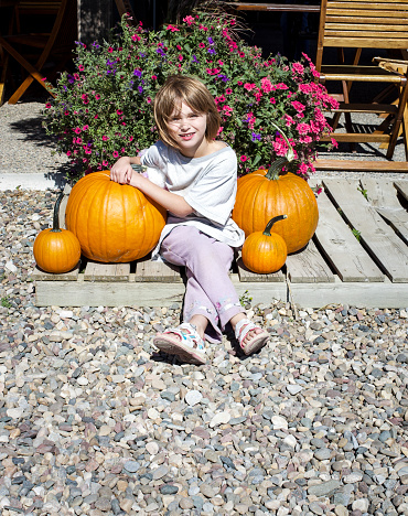 A young brunette girl with a chin-length bob sits outdoors on a wooden pallet with her legs crossed at the knee.  She is leaning against a big pumpkin.  A second big pumpkin is on the other side of her, with two small pumpkins beside them.  There is gravel around the pallet, and a large green bushy geranium plant with fuchsia pink flowers is behind her.  Lethbridge, Alberta
