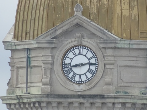 Doylestown, USA - April 24, 2021. Historic clock in downtown Doylestown, Bucks County, Pennsylvania, USA.