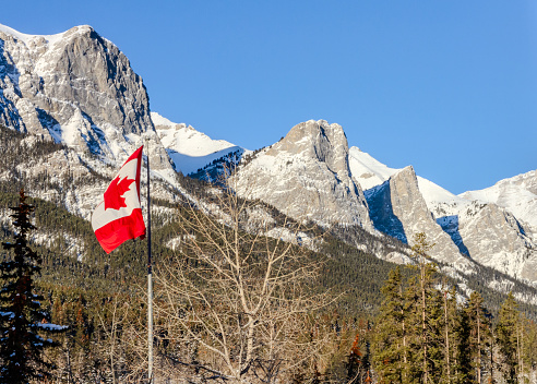 A large Canadian flag beginning to drop down to the left of a flag pole at Canmore Nordic Centre Provincial Park.  Several snowy peaks of the east end of Mount Rundle are seen along with treed areas. Flag is to the left of frame.