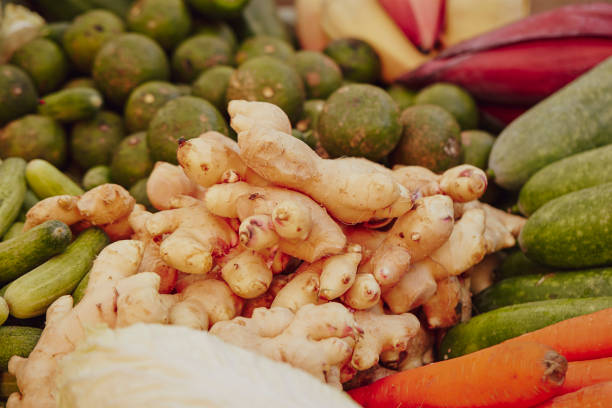 Fresh vegetables on display in a traditional market