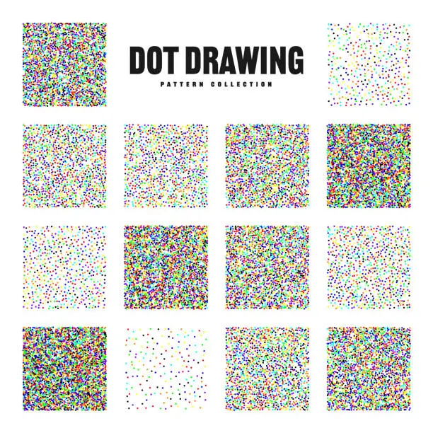 Vector illustration of Square shaped dotted objects, vintage stipple elements. Stippling, dotwork drawing, shading using dots. Halftone effect. Colored noise grainy texture, pattern. Vector illustration.