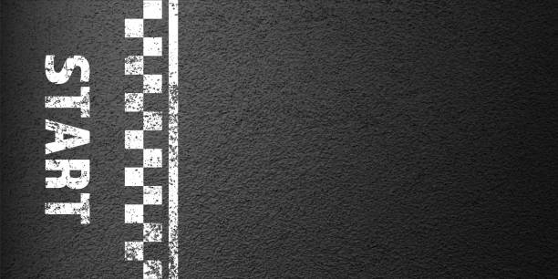 istock Asphalt road with white start line marking, concrete highway surface, texture. Street traffic lane, road dividing strip. Pattern with grainy structure, grunge stone background. Vector illustration 2062029380