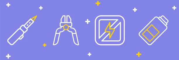 Vector illustration of Set line Battery charge, No lightning, Pliers tool and Soldering iron icon. Vector