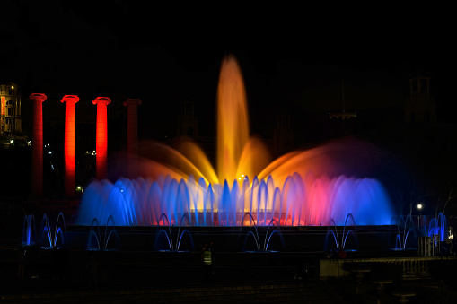 Night view of the famous Montjuic Fountain in Barcelona, Spain