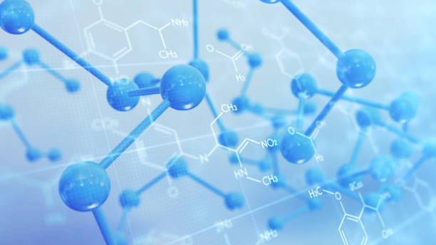 3D model of molecule or atom nano on chemistry formular background. Research chemical concept.