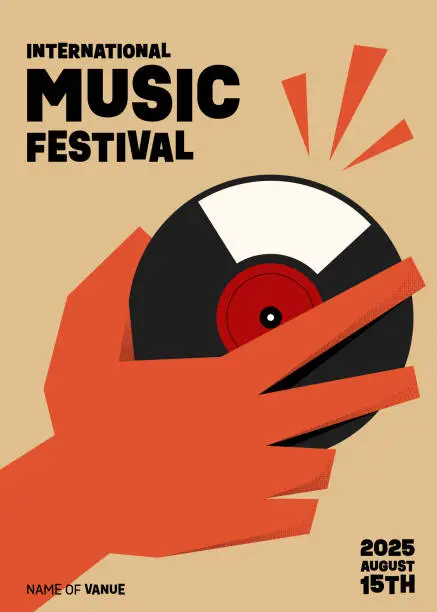 Vector illustration of Music festival poster template design background with retro vinyl record and hand