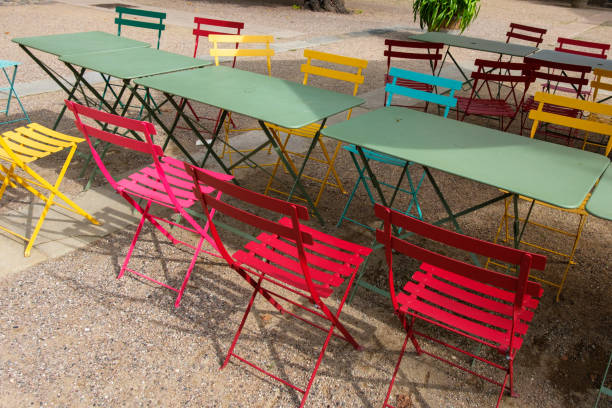 istock Colorful folding seats beside tables 2062101306