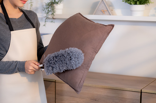 Young asian woman in casual used handheld duster to clean pillow in living room at home, woman dusting pillow, housekeeping and housework, household and lifestyle.