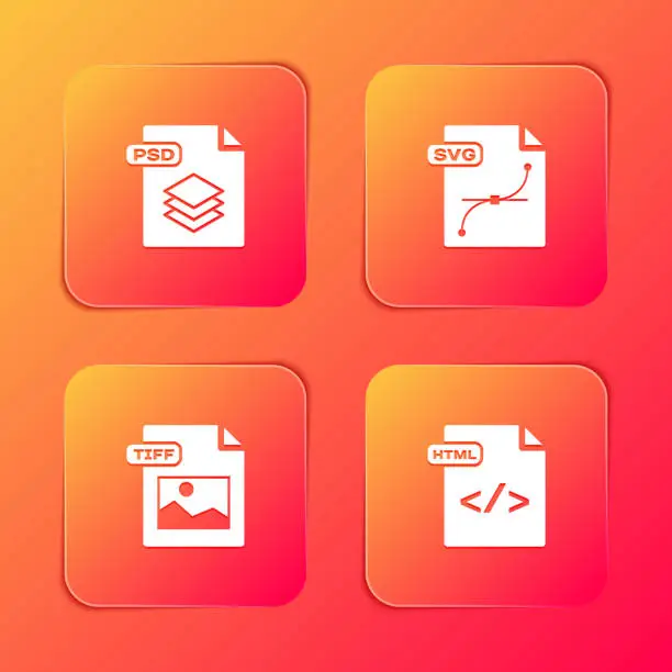 Vector illustration of Set PSD file document, SVG, TIFF and HTML icon. Vector