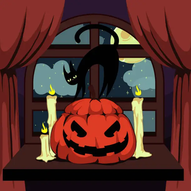 Vector illustration of Black cat standing on a halloween pumpkin