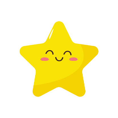 Smiling funny Kawaii star. Yellow Kawaii star emoji. Isolated on a white background. Vector illustration in flat cartoon style.