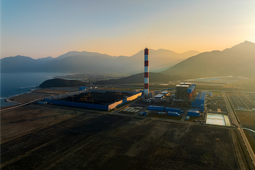 Drone view Van Phong thermal power plants in sunset - Ninh Phuoc district, Khanh Hoa province, central Vietnam