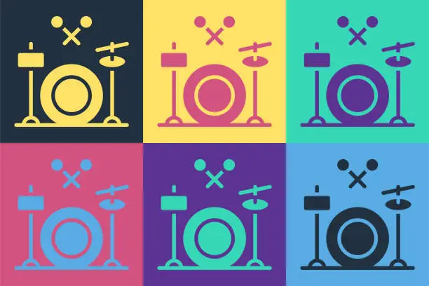 Vector illustration of Pop art Drums icon isolated on color background. Music sign. Musical instrument symbol. Vector