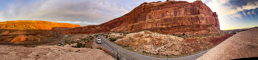 A view of the dramatic landscape of Arches National Park in Moab Utah