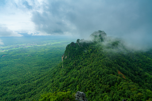 Misty Mountain Landscape with Fog: A serene view of fog-covered mountains amidst lush greenery and cloudy sky