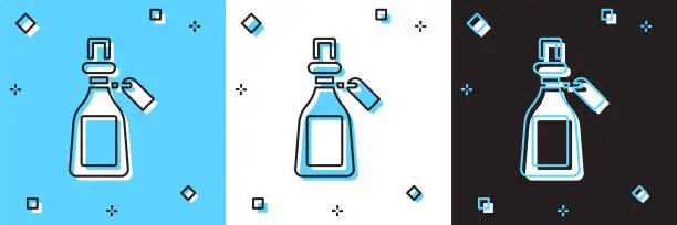 Vector illustration of Set Essential oil bottle icon isolated on blue and white, black background. Organic aromatherapy essence. Skin care serum glass drop package. Vector