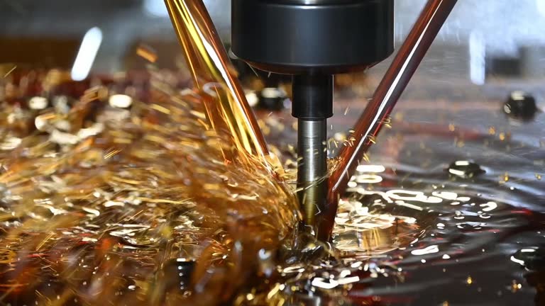 Slow motion scene the CNC milling machine cutting the mold parts with oil coolant method.