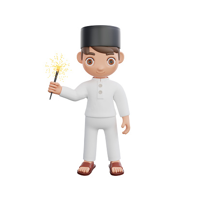 3D Illustration of Muslim character joyfully holding a sparkler , perfect for Ramadan kareem themed projects