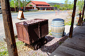 Vintage mining rail cart and barrel